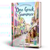 standing book mockup, Its title is "One Greek Summer". Its author name is Kate Frost.  The cover features a vibrant city street scene with colorful buildings in the background. In the foreground, a cheerful woman is shown sitting at a cafe, laughing joyfully. She is holding a teal coffee cup, which adds a pop of color to the design. The title "One Greek Summer" is displayed in an arch shape above the scene, with a playful and relaxed font style. The author's name, Kate Frost, is placed at the bottom of the cover in a simple and elegant font., The city street scene takes up the majority of the cover, with the woman and cafe placed off-center on the right side. The title arches above them, and the author's name is positioned at the bottom left corner.