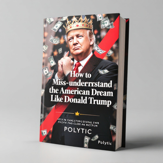 The cover features a bold and dominant image of Donald Trump wearing a crown, symbolizing his perceived status and power. The background is adorned with scattered dollar bills, representing wealth and materialism. The title, "How to mis understand the American Dream Like Donald Trump", is displayed in large, uppercase letters, positioned diagonally across the cover. The author's name, Polytic, is placed at the bottom in a smaller, elegant font.