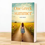 standing book mockup, Its title is "One Greek Summer". Its author name is Kate Frost.  The cover features a young woman walking through a field of vibrant sunflowers, with an open road stretching out ahead of her. The sunlight casts a warm golden glow over the scene, creating a nostalgic and hopeful atmosphere. The title "One Greek Summer" is displayed across the sky at the top of the cover in a bold and elegant font, evoking the essence of Greek culture. The author's name, Kate Frost, is placed at the bottom in a complementary but simpler font., The young woman is positioned slightly off-center to create visual interest, and the open road leads the viewer's eye towards the horizon. The title and author's name are strategically placed to not overshadow the main imagery.