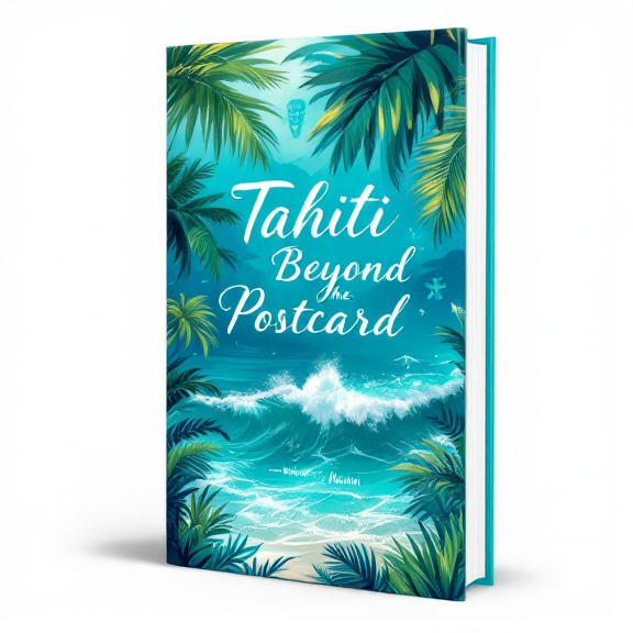 The cover features a stunning abstract image of the island of Tahiti, with vibrant turquoise hues dominating the scene. Palm trees sway in the foreground, while waves crash against the shore in the background. Traditional Tahitian symbols, such as a tiki mask and Polynesian patterns, are subtly incorporated into the composition.