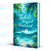 standing book mockup, Its title is "Tahiti Beyond the Postcard". Its author name is Miriam Kahn.  The cover features a stunning abstract image of the island of Tahiti, with vibrant turquoise hues dominating the scene. Palm trees sway in the foreground, while waves crash against the shore in the background. Traditional Tahitian symbols, such as a tiki mask and Polynesian patterns, are subtly incorporated into the composition. The book title "Tahiti Beyond the Postcard" is displayed in an elegant, flowing font, reflecting the natural beauty of the island. The author's name, Miriam Kahn, is presented in a clean, modern font., The title and author's name are centered at the top and bottom of the cover respectively, allowing the visual elements to take center stage.