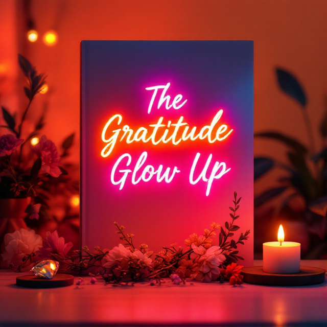 The cover features a vibrant background in a gradient of warm colors. In the center, there is a glowing neon sign that reads "The Gratitude Glow Up" in a cursive font, emitting a soft inner glow. Surrounding the sign are elements like a sparkling diamond, a bouquet of flowers, and a lit candle, symbolizing self-care and glamour.