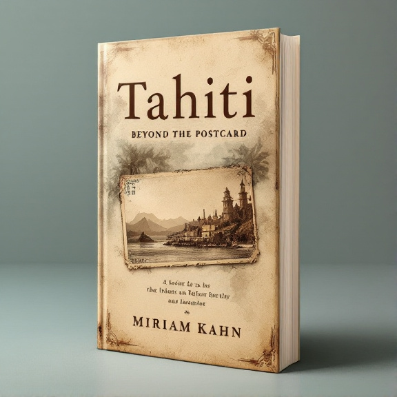 The cover features a sepia-toned photograph of Tahiti in the background, with a faded vintage postcard layered on top. The postcard displays a historical landmark or scene from Tahiti, evoking a sense of nostalgia.