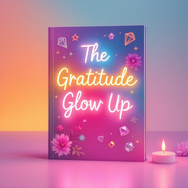 The cover features a vibrant background in a gradient of warm colors. In the center, there is a glowing neon sign that reads "The Gratitude Glow Up" in a cursive font, emitting a soft inner glow. Surrounding the sign are elements like a sparkling diamond, a bouquet of flowers, and a lit candle, symbolizing self-care and glamour.