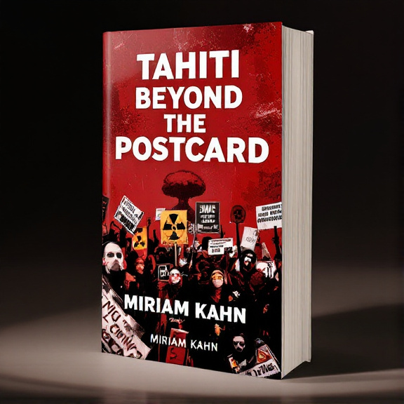 standing book mockup, Its title is "Tahiti Beyond the Postcard". Its author name is Miriam Kahn.  The cover features a bold, red background with a gritty texture. In the foreground, there is a powerful image of a protest scene, depicting people holding banners and signs with slogans against nuclear testing. In the background, there are subtle symbols related to nuclear testing, such as a mushroom cloud and radiation signs, forming a subtle pattern. The overall style is impactful and evokes a sense of awareness and tension. The book title, "Tahiti Beyond the Postcard," is displayed in a bold, white font that contrasts with the red background. The author's name, Miriam Kahn, is placed below the title in a more elegant and sophisticated font., The protest scene takes up most of the cover, with the title and author's name positioned at the bottom. The symbols related to nuclear testing are scattered in the background, creating a visual depth.