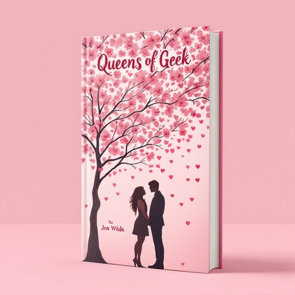 standing book mockup, Its title is "Queens of Geek". Its author name is Jen Wilde.  A blush pink background with a couple's silhouette standing under a blossoming tree. Heart-shaped blossoms are falling around them, creating a romantic and joyful atmosphere. The book title "Queens of Geek" is written in a bold and elegant font at the top of the cover, with the author's name "Jen Wilde" in a smaller, cursive font below it., The couple's silhouette is placed in the center of the cover, with the tree and falling blossoms framing them. The title and author's name are positioned strategically to not distract from the main visual elements.