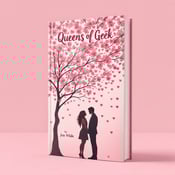 standing book mockup, Its title is "Queens of Geek". Its author name is Jen Wilde.  A blush pink background with a couple's silhouette standing under a blossoming tree. Heart-shaped blossoms are falling around them, creating a romantic and joyful atmosphere. The book title "Queens of Geek" is written in a bold and elegant font at the top of the cover, with the author's name "Jen Wilde" in a smaller, cursive font below it., The couple's silhouette is placed in the center of the cover, with the tree and falling blossoms framing them. The title and author's name are positioned strategically to not distract from the main visual elements.