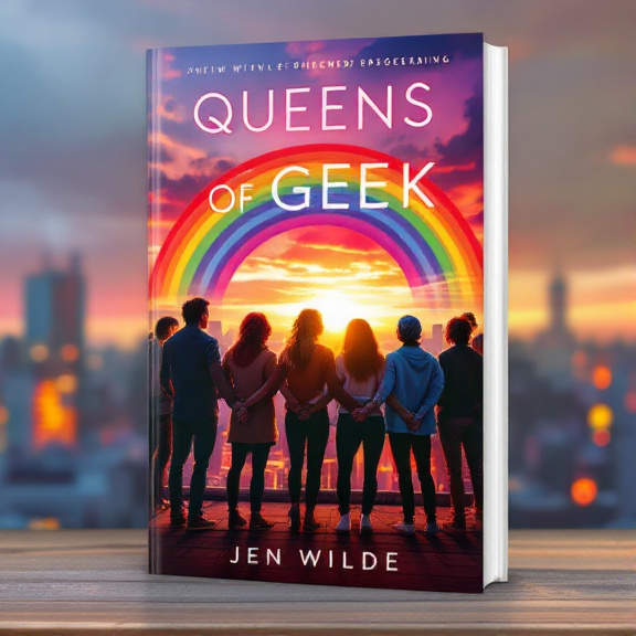 The cover features a group of diverse friends, standing confidently on the rooftop of a city building during sunset. They are shown holding hands, forming a circle, with the cityscape and a vibrant rainbow in the background.
