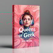 standing book mockup, Its title is "Queens of Geek". Its author name is Jen Wilde.  The cover features a person wearing headphones, with their head slightly tilted in a curious and adventurous expression. They are surrounded by swirling abstract patterns in coral pink, with scattered stars adding an element of discovery. The person is positioned slightly off-center, creating a sense of movement and intrigue. The book title "Queens of Geek" is displayed in a bold, contemporary font in white, standing out against the vibrant background. The author name "Jen Wilde" is written in a more elegant and playful script font, adding a personal touch., The person with headphones is the focal point of the cover, positioned towards the top. The title and author name are placed at the bottom, allowing the visual elements to take center stage.