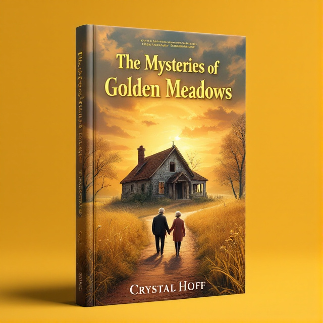 An illustration of an abandoned cottage in the center of the cover, with a golden sunset sky in the background. Two elderly characters, representing friendship, are walking towards the cottage, holding hands. The title "The Mysteries Of Golden Meadows" is written in bold gold letters across the top of the cover, with the author's name, Crystal Hoff, written in smaller black letters at the bottom.