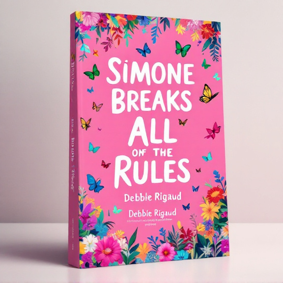 The cover features a vibrant pink background with butterflies and flowers cascading from the top. The butterflies are shown in various sizes and colors, creating a sense of movement and playfulness. The flowers are depicted in bold, vibrant hues, adding a touch of whimsy to the design. The title, "Simone Breaks All the Rules," is placed in the center of the cover in a bold white-serif font.