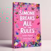 standing book mockup, Its title is "Simone Breaks All the Rules". Its author name is Debbie Rigaud.  The cover features a vibrant pink background with butterflies and flowers cascading from the top. The butterflies are shown in various sizes and colors, creating a sense of movement and playfulness. The flowers are depicted in bold, vibrant hues, adding a touch of whimsy to the design. The title, "Simone Breaks All the Rules," is placed in the center of the cover in a bold white-serif font. The title is presented in a clean and modern serif font, highlighting the rebellious nature of the protagonist. The author's name, Debbie Rigaud, is displayed in a smaller, elegant script font below the title, adding a personal touch to the design., The title is centered in the middle of the cover, allowing it to be easily readable and eye-catching. The butterflies and flowers are arranged in a cascading pattern from the top, creating a visually dynamic composition. The author's name is placed below the title, ensuring that it is visible without distracting from the main focus.
