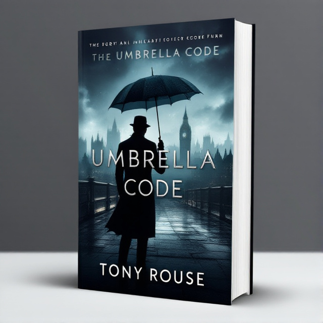 The cover features a dark misty night in London with the iconic cityscape in the background. In the foreground, a silhouette of a spy is holding an umbrella, representing the covert nature of the story. The mist adds an air of mystery and suspense.