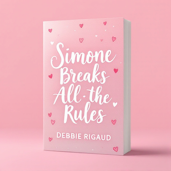 A soft pink gradient background with scattered hand-drawn hearts. The title "Simone Breaks All the Rules" is hand-lettered in white and centered in the middle with a romantic touch.
