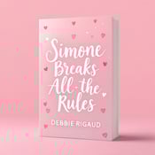 standing book mockup, Its title is "Simone Breaks All the Rules". Its author name is Debbie Rigaud.  A soft pink gradient background with scattered hand-drawn hearts. The title "Simone Breaks All the Rules" is hand-lettered in white and centered in the middle with a romantic touch. The title is hand-lettered in a flowing script font, giving it a romantic and elegant feel. The author name "Debbie Rigaud" is displayed in a simple, sans-serif font, contrasting with the title., The title is centered in the middle of the cover, with the author name below it, aligned to the right. The scattered hearts are evenly distributed throughout the background.
