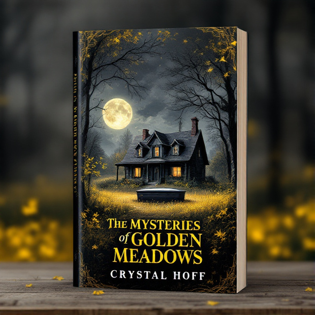 The cover features an illustration of an abandoned cottage surrounded by golden meadows. In the foreground, there is a casket placed on a kitchen table, creating a sense of mystery. The color palette is primarily black and gold, adding elegance and intrigue to the scene.