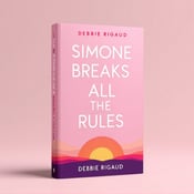 standing book mockup, Its title is "Simone Breaks All the Rules". Its author name is Debbie Rigaud.  A clean pink cover with a modern illustration of a vibrant sunrise at the bottom, symbolizing new beginnings and growth. The title is placed at the top in a bold sans-serif font, with the words "Simone Breaks" in a slightly larger size and "All the Rules" underneath in a smaller size. A motivational tagline is positioned below the title, emphasizing inspiration and positivity. The title is presented in a contemporary sans-serif font, creating a modern and engaging look. The author name is displayed in a sleek and elegant serif font, adding a touch of sophistication., The title and author name are centered at the top of the cover, allowing the vibrant sunrise illustration to take center stage. The motivational tagline is aligned with the left side of the cover, balancing the composition.