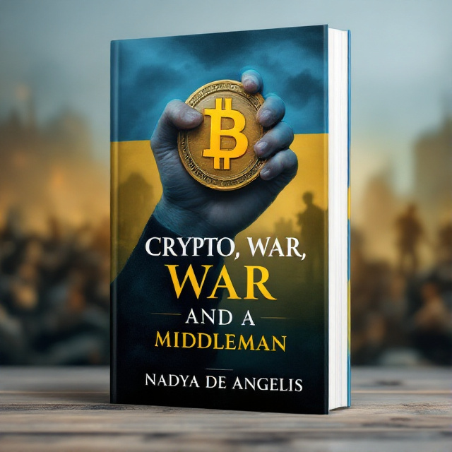 The cover features a close-up of a clenched fist holding a cryptocurrency symbol (bitcoin) in the foreground, with a faded image of war scenes in the background. The Ukrainian flag is subtly incorporated into the design, with its colors forming the backdrop of the title text.