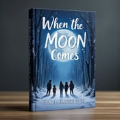 standing book mockup, Its title is "When the Moon Comes". Its author name is Paul Harbridge.  The cover features a winter forest scene at night, with silhouettes of a group of kids venturing towards the moon. The moonlight casts a silver glow on the snow-covered trees and ground, creating a sense of mystery and adventure. The book title "When the Moon Comes" is written in bold, silver font that is slightly curved, giving it a whimsical and playful feel. The author's name, Paul Harbridge, is written in a smaller, more elegant font underneath the title., The title and author's name are centered at the top and bottom of the cover respectively, with the forest scene and silhouettes taking up the middle portion of the cover.