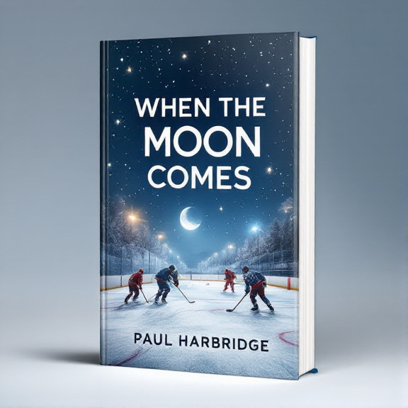 The cover features a close-up view of a moonlit hockey match taking place on a snowy ground. The hockey players and their equipment are visible, with the bright white ice contrasting against the dark night sky. Stars are scattered across the sky, twinkling above the action.