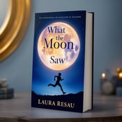 standing book mockup, Its title is "What the Moon Saw". Its author name is Laura Resau.  A silhouette of an athlete in mid-run, positioned at the bottom of the cover, with a vibrant moon in the night sky as the backdrop. The moon is large and detailed, creating a sense of wonder and intrigue. The book title "What the Moon Saw" is displayed in a bold, stylized font, positioned in the top center of the cover. The author's name, "Laura Resau," is written in a smaller, elegant font at the bottom of the cover., The athlete and moon take up the majority of the cover, with the title and author name positioned strategically to balance the design. The overall layout is clean and eye-catching.