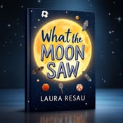 standing book mockup, Its title is "What the Moon Saw". Its author name is Laura Resau.  A whimsical scene with various sports gear orbiting around a glowing moon, set against a starry backdrop. The sports gear includes a soccer ball, basketball, tennis racket, and skateboard. A bold, modern font for the book title "What the Moon Saw" with a silver metallic effect. The author's name, Laura Resau, is displayed in a more elegant and flowing font., The book title is placed at the top of the cover, centered and slightly curved to follow the shape of the moon. The author's name is positioned at the bottom, also centered. The sports gear are scattered around the moon, creating a sense of movement and excitement.