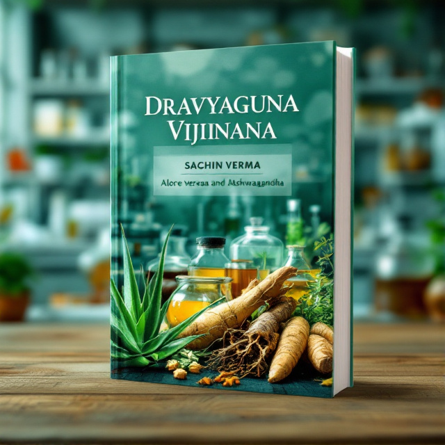 The cover features a medicinal lab with well-equipped equipment and glass containers filled with various medicinal plant extracts. In the foreground, there is a close-up of aloe vera leaves and ashwagandha roots, showcasing their medicinal value. The color scheme is predominantly greenish, reflecting the natural essence of Ayurveda and the healing power of plants.
