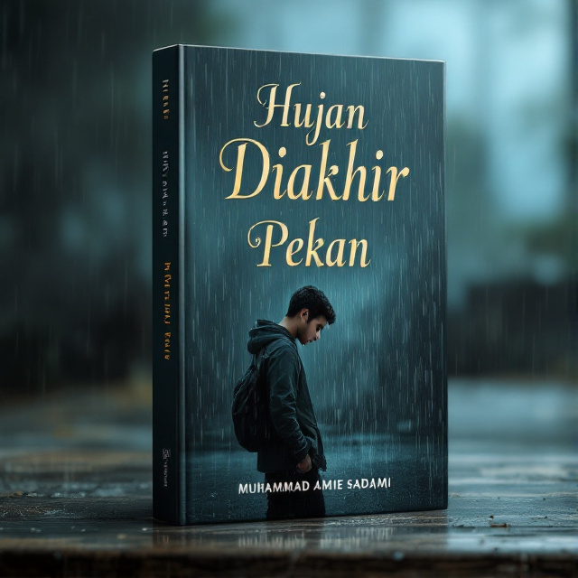The cover features a young man standing alone in the rain, looking down with a sad expression on his face. The rain is depicted as heavy and dark, adding to the somber mood of the scene.