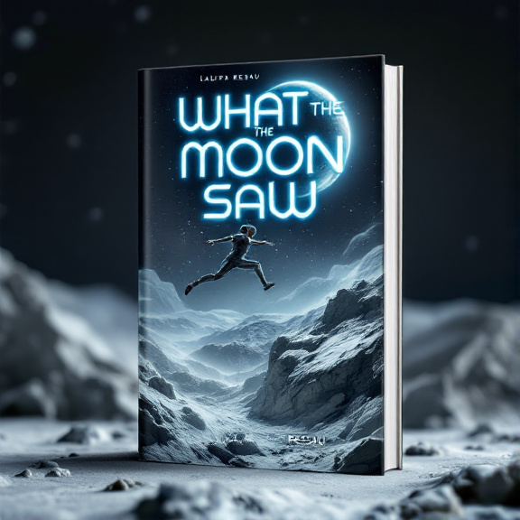 standing book mockup, Its title is "What the Moon Saw". Its author name is Laura Resau.  The cover features a striking image of a futuristic athlete in mid-air, jumping from a lunar surface. The athlete is wearing a sleek sports suit and is surrounded by a sense of movement. In the background, there is a view of a distant planet, symbolizing the exploration aspect of the book. The book title "What the Moon Saw" is displayed in bold and futuristic font, giving it a dynamic and eye-catching appearance. The author's name, Laura Resau, is written in a more elegant and understated font, balancing the overall design., The main image of the athlete is placed at the center of the cover, drawing attention and creating a focal point. The book title is positioned above the image, and the author's name is placed below it, ensuring clear legibility.