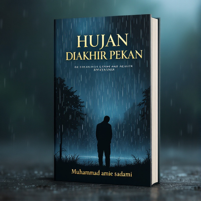 A dark and moody background with raindrops falling, symbolizing the melancholic atmosphere. In the foreground, a silhouette of a Muslim man standing alone, with his head bowed down, representing his sadness and longing. The rain is depicted as tears falling from his eyes, expressing the emotions he's holding back.