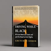 standing book mockup, Its title is "Driving While Black: African American Travel and the Road to Civil Rights". Its author name is Gretchen Sorin.  The cover features a silhouette of a road stretching into the horizon, symbolizing the journey of African American travelers during the civil rights era. It is bordered by key historical events, represented by small icons. In the foreground, there are portraits of African Americans from different walks of life, evoking empathy and reflection. The book title, "Driving While Black African American Travel and the Road to Civil Rights," is displayed in bold, uppercase letters in a font that is clean and modern. The author's name, Gretchen Sorin, is placed below the title in a smaller, elegant font., The road silhouette spans the width of the cover, with the portraits and historical event icons arranged on either side. The book title and author name are centered below the road, creating a balanced composition.