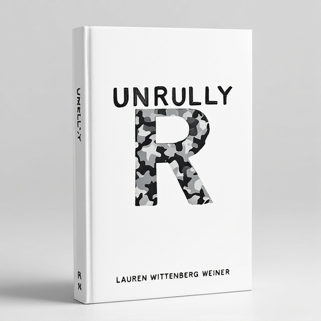 The cover features clean, minimalist design with a white background. The title "Unruly" is spelled out using Scrabble letters, giving it a playful and interactive feel. The letter "R" is embellished with a hand-drawn camo print, representing the unruliness that the book explores. The author name is displayed in a simple and elegant font at the bottom of the cover.