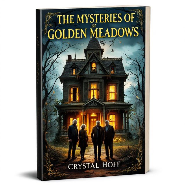 An illustration of an abandoned Victorian house with overgrown vines and a sense of mystery. In the foreground, three elderly individuals are standing together, looking determined yet friendly. The house is illuminated by a golden light, creating a contrast with the dark surroundings.