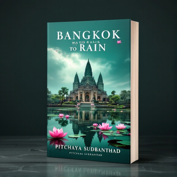 standing book mockup, Its title is "Bangkok Wakes to Rain". Its author name is Pitchaya Sudbanthad.  An ancient temple stands tall in the center of the cover, surrounded by a partially submerged river. Lotus flowers float gracefully on the water, their vibrant colors contrasting against the serene emerald green sky. The temple casts a reflection in the calm water, symbolizing the theme of reflection in the book. The title "Bangkok Wakes to Rain" is displayed prominently at the top of the cover, with elegant and intricate font that complements the overall design. The author's name, Pitchaya Sudbanthad, is placed at the bottom in a simple and sophisticated font., The visual elements are balanced and centered, creating a sense of tranquility and harmony. The title and author name are strategically placed to be easily readable and integrated into the design.
