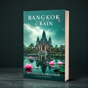 standing book mockup, Its title is "Bangkok Wakes to Rain". Its author name is Pitchaya Sudbanthad.  An ancient temple stands tall in the center of the cover, surrounded by a partially submerged river. Lotus flowers float gracefully on the water, their vibrant colors contrasting against the serene emerald green sky. The temple casts a reflection in the calm water, symbolizing the theme of reflection in the book. The title "Bangkok Wakes to Rain" is displayed prominently at the top of the cover, with elegant and intricate font that complements the overall design. The author's name, Pitchaya Sudbanthad, is placed at the bottom in a simple and sophisticated font., The visual elements are balanced and centered, creating a sense of tranquility and harmony. The title and author name are strategically placed to be easily readable and integrated into the design.