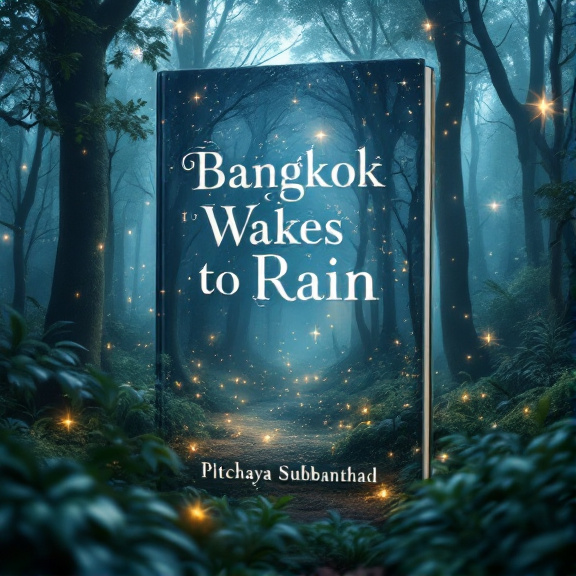 standing book mockup, Its title is "Bangkok Wakes to Rain". Its author name is Pitchaya Sudbanthad.  A dense, mist-filled forest with towering trees fills the background, while sparkling lights create mystical symbols in the air. The mist adds an element of mystery and intrigue to the scene. The book title "Bangkok Wakes to Rain" is displayed in an elegant and slightly whimsical font, with the word "Bangkok" in a bolder style to emphasize the setting of the story. The author name "Pitchaya Sudbanthad" is displayed below the title in a more subtle font., The title and author name are centered at the top and bottom of the cover respectively, allowing the enchanting forest scene to take center stage.