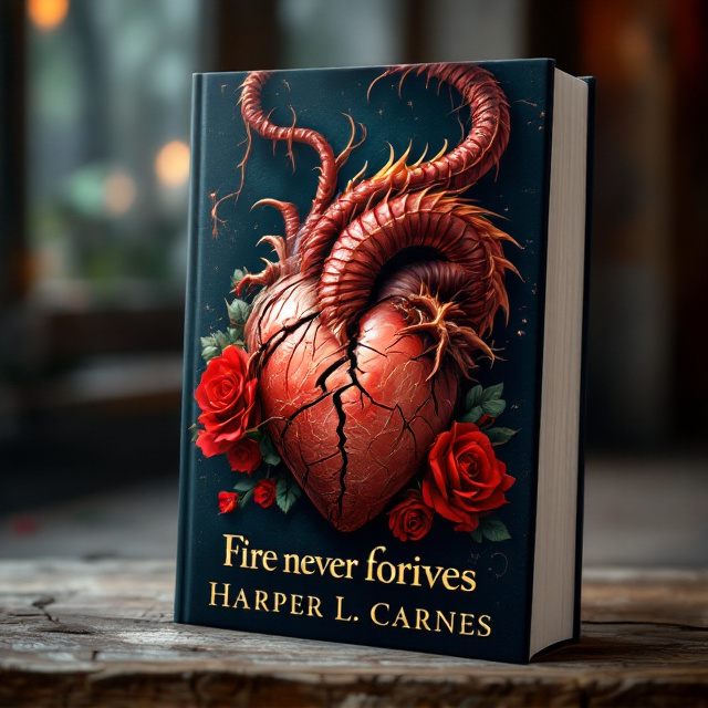 The cover features a close-up shot of a dragon's tail, which is reddish in color, hanging down from the top. The tail is coiled around an anatomically correct heart that has cracks in it, symbolizing the brokenness of the romance in the story. Roses are strategically placed around the heart, representing both the beauty and danger associated with love.