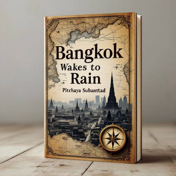 The cover features an antique map of Bangkok as the background, with faded edges and a worn texture. Overlaying the map is a silhouette of the old cityscape, showcasing the traditional architecture and bustling streets. In the foreground, a vintage compass with intricate details points towards the city, symbolizing adventure and exploration.