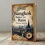 standing book mockup, Its title is "Bangkok Wakes to Rain". Its author name is Pitchaya Sudbanthad.  The cover features an antique map of Bangkok as the background, with faded edges and a worn texture. Overlaying the map is a silhouette of the old cityscape, showcasing the traditional architecture and bustling streets. In the foreground, a vintage compass with intricate details points towards the city, symbolizing adventure and exploration. The title "Bangkok Wakes to Rain" is displayed in an elegant, serif font with a vintage touch. The author's name, Pitchaya Sudbanthad, is placed below the title in a smaller, cursive font, adding a personal touch to the design., The map and cityscape occupy the majority of the cover, with the compass positioned in the bottom right corner. The title and author's name are centered and positioned towards the top of the cover, making them easily readable.