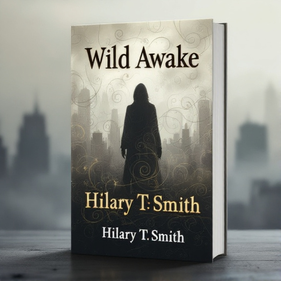 standing book mockup, Its title is "Wild Awake". Its author name is Hilary T. Smith.  A foggy city background with an abstract silhouette in the foreground, highlighted by swirling patterns. The book title "Wild Awake" is written in a bold and mysterious font, while the author name "Hilary T. Smith" is in a more elegant and understated font., The title is positioned at the top of the cover, spanning the width of the book, while the author name is placed at the bottom, centered. The silhouette and swirling patterns are in the center, overlaying the foggy city background.