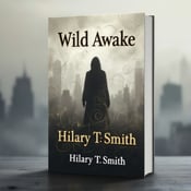 standing book mockup, Its title is "Wild Awake". Its author name is Hilary T. Smith.  A foggy city background with an abstract silhouette in the foreground, highlighted by swirling patterns. The book title "Wild Awake" is written in a bold and mysterious font, while the author name "Hilary T. Smith" is in a more elegant and understated font., The title is positioned at the top of the cover, spanning the width of the book, while the author name is placed at the bottom, centered. The silhouette and swirling patterns are in the center, overlaying the foggy city background.