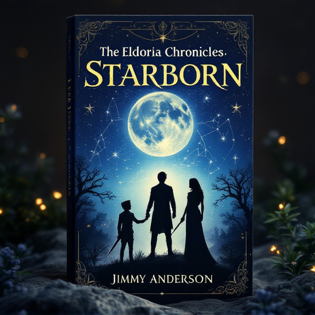 The title "The Eldoria Chronicles Starborn" is placed at the top in a stylized, ancient font, with subtle elvish designs beneath the title. The background is a celestial night sky with stars, a full moon, and faint constellations representing ancient symbols. In the center, there is a silhouette of Daniel, slightly larger and illuminated by starlight, with faint shimmering details. On either side, smaller silhouettes of Raven and Elenor stand with him, with Raven's hand reaching out and Elenor standing confidently with her sword. Around the characters, there are subtle outlines of ancient trees and mystical landscapes, with hidden magical creatures and flowers.