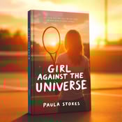 standing book mockup, Its title is "Girl Against the Universe". Its author name is Paula Stokes.  A close-up shot of a teenage girl confidently holding a tennis racket, standing on a tennis court. The bright sun is setting in the background, casting a warm orange glow. The book title "Girl Against the Universe" is displayed in bold, uppercase letters at the top of the cover, with a handwritten font that adds a personal touch. The author's name, Paula Stokes, is placed at the bottom in a more elegant, serif font., The girl and tennis court take up the majority of the cover, with the title and author name placed strategically to balance the composition. The colors and elements create a sense of motion and optimism.