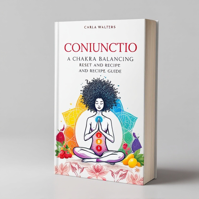 The foreground features a line drawing of a human figure seated in a yoga asana, with hands in mudra and a brilliant crown of curly or Afro hair. In the background, vibrant, colorful images showcase the traditional concepts of the 7 chakras and healthful foods like fruits in hues corresponding to each chakra.