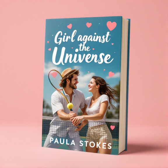 standing book mockup, Its title is "Girl Against the Universe". Its author name is Paula Stokes.  The cover features a couple playing tennis in the foreground, with hearts scattered around them. The couple is engaged in a playful and romantic moment, with big smiles on their faces. The hearts symbolize love and excitement, adding a touch of whimsy to the cover. The title "Girl Against the Universe" is displayed in a playful and slightly curvy font, reflecting the romantic comedy genre. The author's name, Paula Stokes, is shown in a clean and simple font, ensuring legibility., The couple is positioned in the center of the cover, with the hearts scattered around them. The title is placed above the couple, while the author's name is placed at the bottom of the cover.