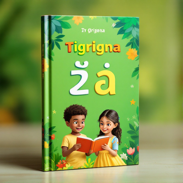 The cover features a vibrant green background with the Tigrigna alphabets "በ" and "ሰ" in bold and colorful letters at the center. On the left side, a young boy and a girl are seen enthusiastically reading a book and learning the Tigrigna language. The overall design is joyful and engaging, capturing the essence of the book's theme.