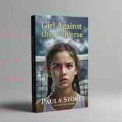 standing book mockup, Its title is "Girl Against the Universe". Its author name is Paula Stokes.  The cover features a close-up of a determined girl facing a tennis net. The background is a stormy sky, symbolizing the challenges she faces. The girl's expression shows both struggle and determination. The title "Girl Against the Universe" is displayed in bold, orange letters, conveying energy and intensity. The author name "Paula Stokes" is written in a sleek and elegant font, contrasting with the boldness of the title., The girl is positioned in the center of the cover, with the title displayed above her and the author name below her. The stormy sky fills the background, emphasizing the dramatic atmosphere.