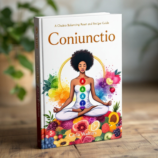 The cover features a line drawing of a serene human figure seated in a yoga asana, with hands forming mudra and a crown of curly Afro hair. In the background, vibrant and colorful images represent the 7 chakras, as well as healthful fruits in corresponding hues.