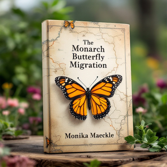 A large, vibrant monarch butterfly is positioned at the center of the cover, with its wings spread out in flight. Behind the butterfly, a faded map of migration paths is visible, showcasing the journey of these beautiful creatures. The natural landscape, featuring lush greenery and blooming flowers, serves as the background.