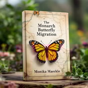 standing book mockup, Its title is "The Monarch Butterfly Migration". Its author name is Monika Maeckle.  A large, vibrant monarch butterfly is positioned at the center of the cover, with its wings spread out in flight. Behind the butterfly, a faded map of migration paths is visible, showcasing the journey of these beautiful creatures. The natural landscape, featuring lush greenery and blooming flowers, serves as the background. The book title, "The Monarch Butterfly Migration," is displayed in an elegant, script font, complementing the serenity and wonder captured in the cover design. The author's name, Monika Maeckle, is placed below the title in a simple, clean font., The visual elements are arranged in a balanced manner, with the butterfly taking the main focus in the foreground and the map providing a subtle yet significant backdrop. The title and author's name are strategically placed to ensure readability and visual appeal.